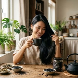 Người phụ nữ vui vẻ với mái tóc khỏe hơn khi uống trà ngũ hắc mỗi ngày