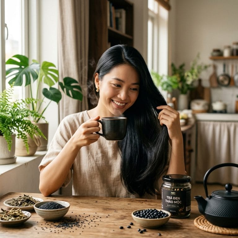 Người phụ nữ vui vẻ với mái tóc khỏe hơn khi uống trà ngũ hắc mỗi ngày