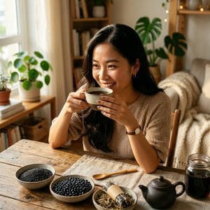 Người phụ nữ mỉm cười khi uống trà ngũ hắc lần đầu tiên