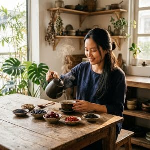Người phụ nữ chuẩn bị trà dưỡng tóc tự nhiên trong routine buổi sáng