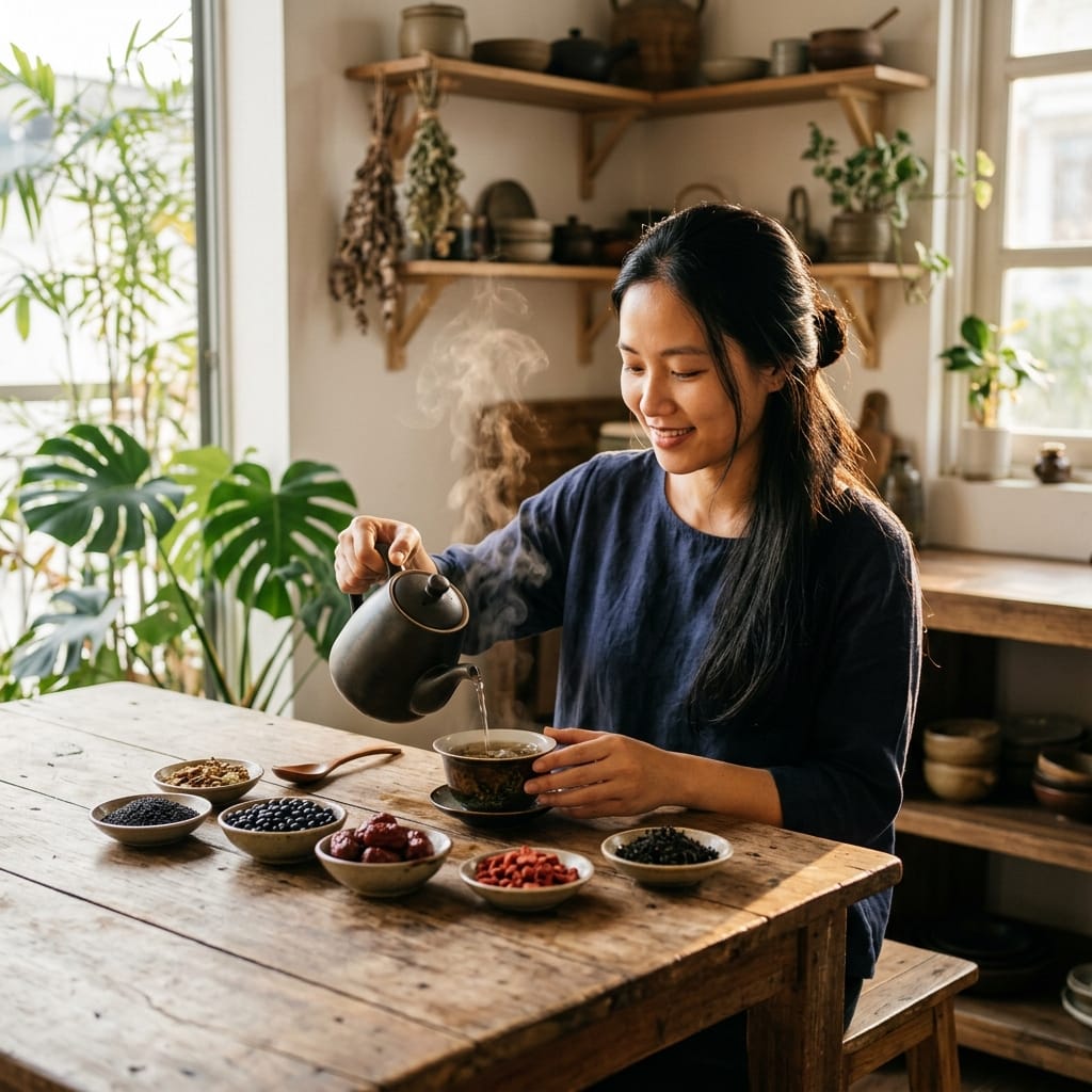 Người phụ nữ chuẩn bị trà dưỡng tóc tự nhiên trong routine buổi sáng