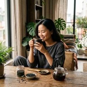 Người phụ nữ uống trà ngũ hắc mỗi ngày trong routine chăm sóc tóc tự nhiên