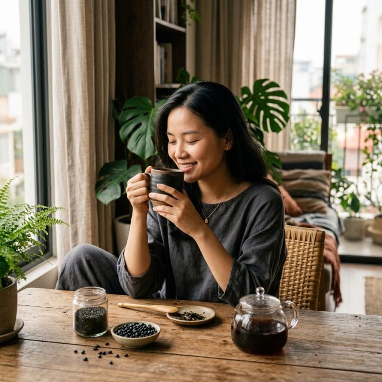 Người phụ nữ uống trà ngũ hắc mỗi ngày trong routine chăm sóc tóc tự nhiên