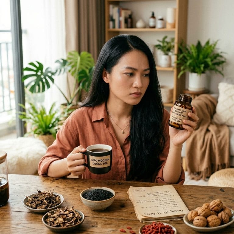 Người phụ nữ so sánh trà ngũ hắc và viên uống mọc tóc để chăm sóc tóc