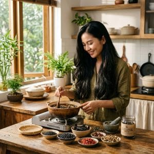 Người phụ nữ chăm sóc tóc bằng sản phẩm mọc tóc tự nhiên không hóa chất