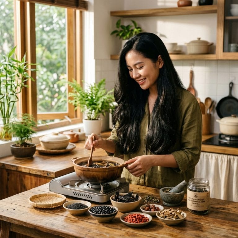 Người phụ nữ chăm sóc tóc bằng sản phẩm mọc tóc tự nhiên không hóa chất