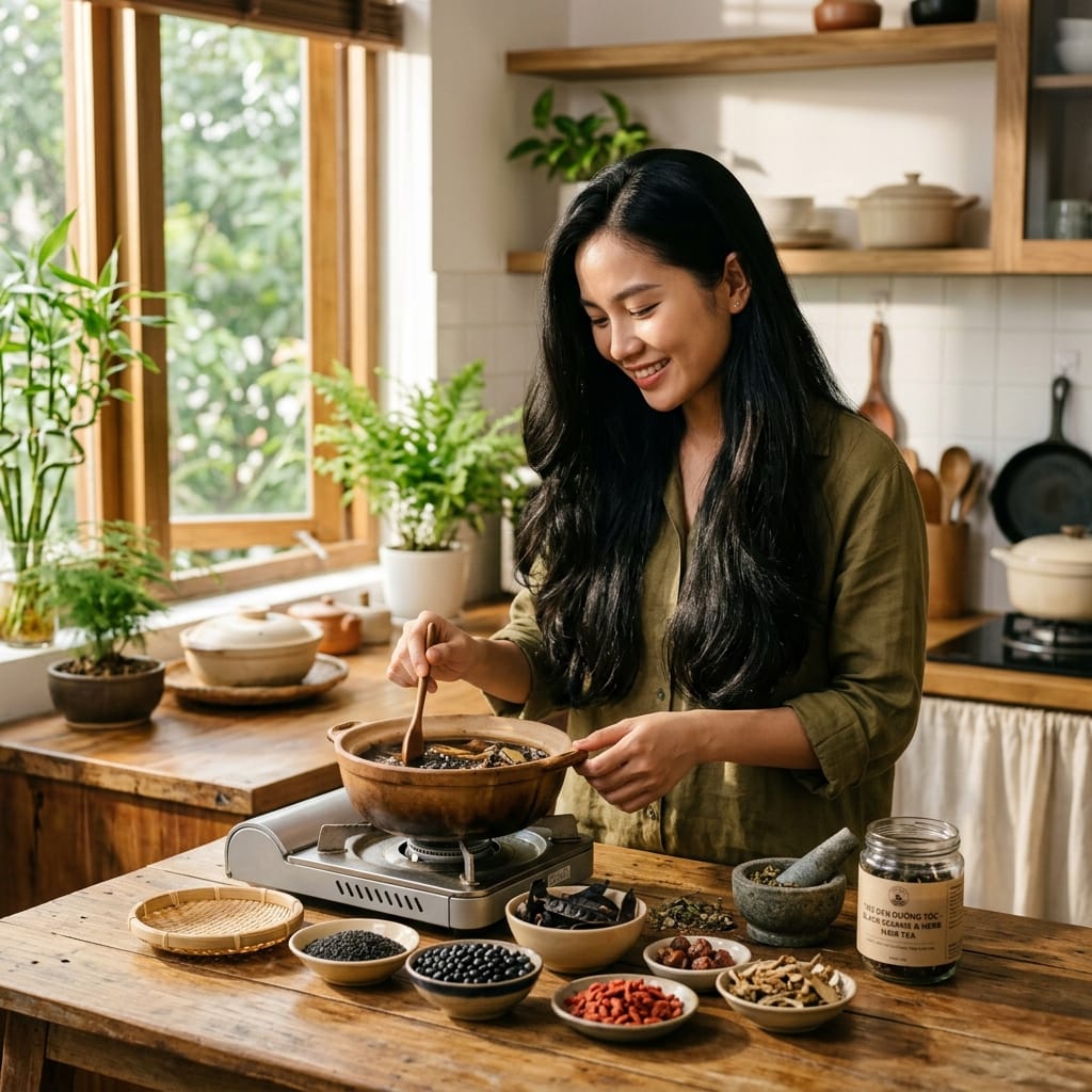 Người phụ nữ chăm sóc tóc bằng sản phẩm mọc tóc tự nhiên không hóa chất