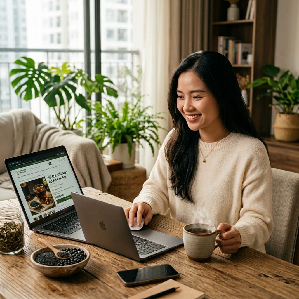 Người phụ nữ tìm mua trà ngũ hắc an nhiên để chăm sóc tóc tự nhiên