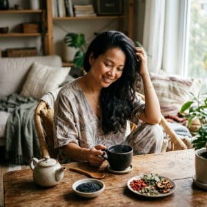 Mẹ sau sinh uống trà ngũ hắc để chăm sóc tóc rụng tự nhiên hơn
