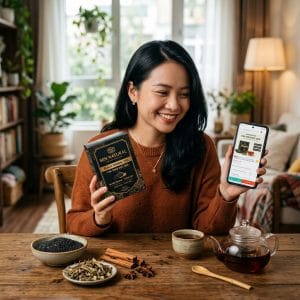 Người phụ nữ xem giá trà ngũ hắc an nhiên để chăm sóc tóc tự nhiên