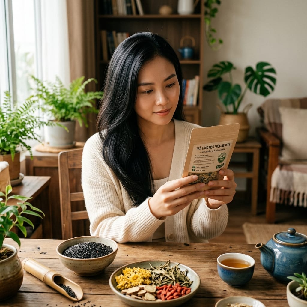 Người phụ nữ kiểm tra trà ngũ hắc an nhiên chính hãng trước khi mua