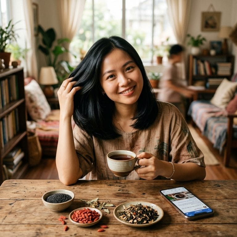 Người phụ nữ chia sẻ review thật về trà ngũ hắc chăm sóc tóc tự nhiên