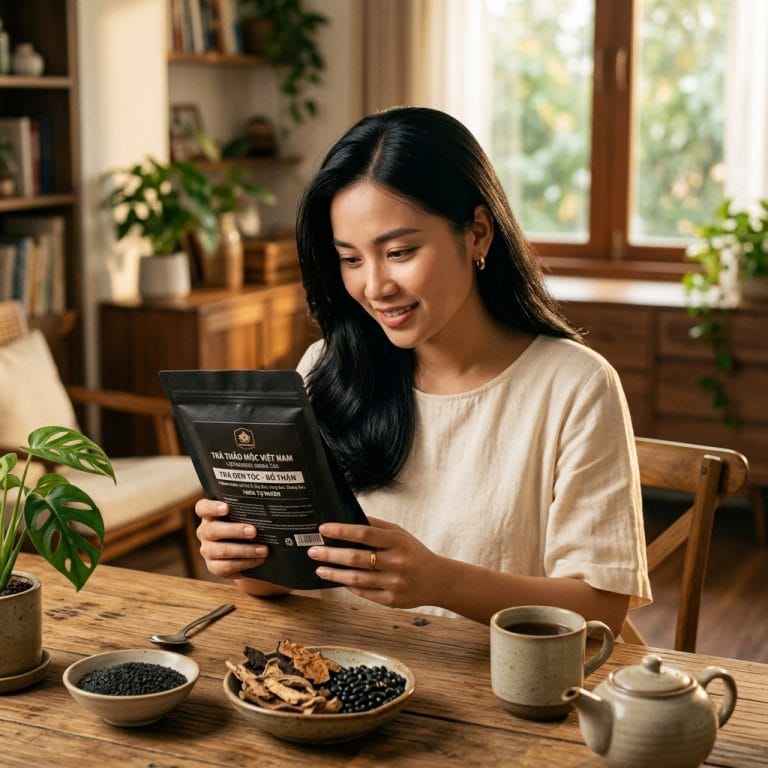Người phụ nữ kiểm tra thành phần trà ngũ hắc an nhiên trước khi sử dụng