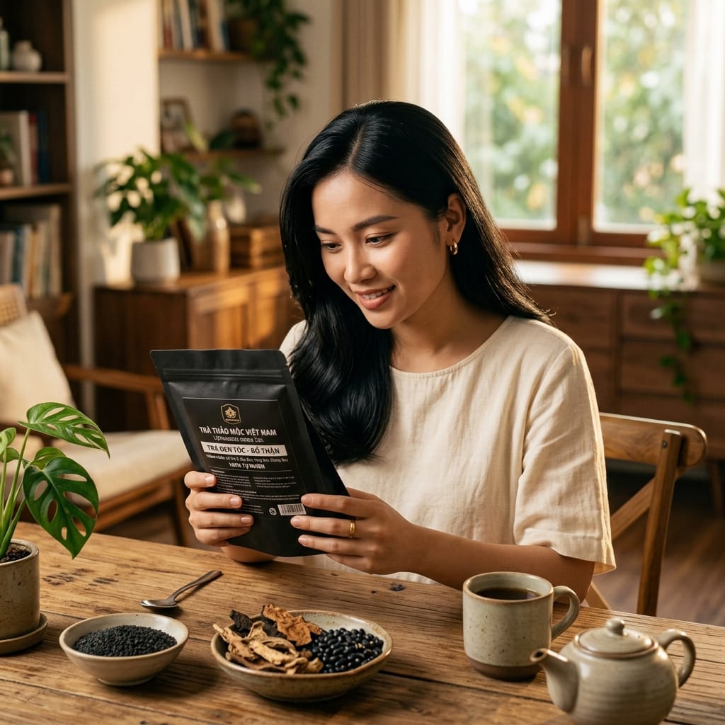 Người phụ nữ kiểm tra thành phần trà ngũ hắc an nhiên trước khi sử dụng