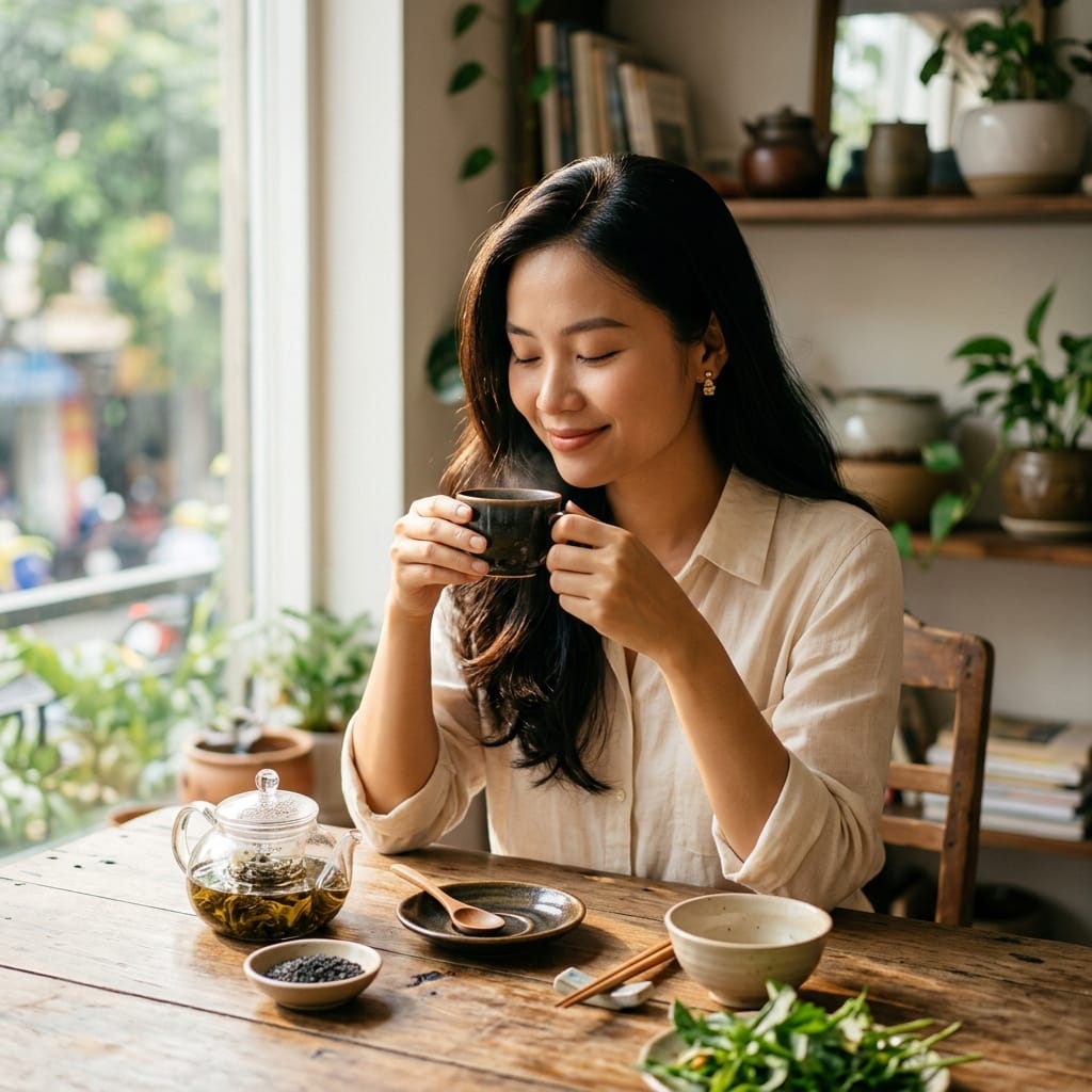 Người phụ nữ uống trà ngũ hắc sau bữa ăn nhẹ để chăm sóc tóc tự nhiên
