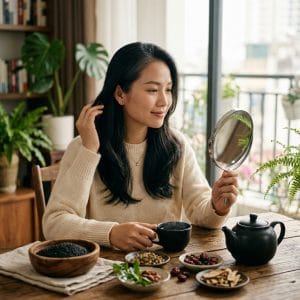 Người phụ nữ tóc bạc sớm uống trà ngũ hắc để chăm sóc tóc tự nhiên