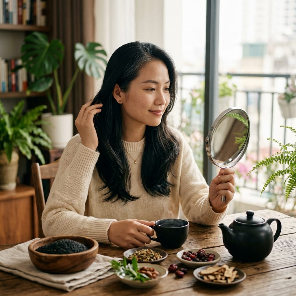 Người phụ nữ tóc bạc sớm uống trà ngũ hắc để chăm sóc tóc tự nhiên