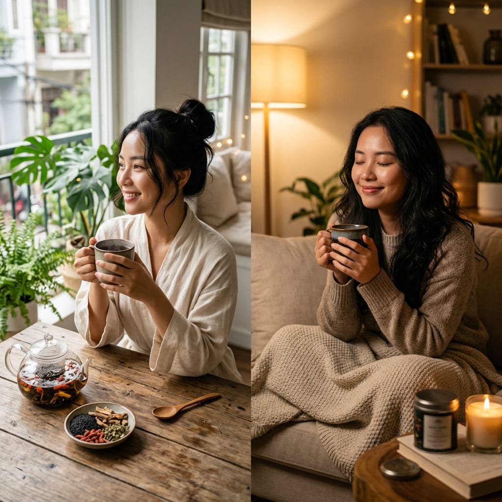 Người phụ nữ uống trà ngũ hắc vào buổi sáng và buổi tối để chăm sóc tóc