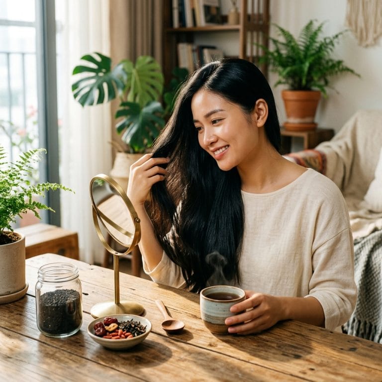 Người phụ nữ tóc bóng khỏe uống trà ngũ hắc an nhiên mỗi ngày