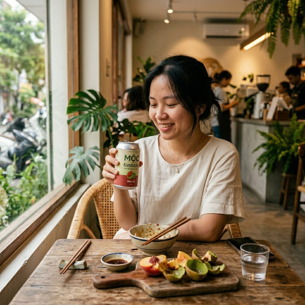 Người trẻ uống kombucha lạnh để giảm đầy bụng sau khi ăn