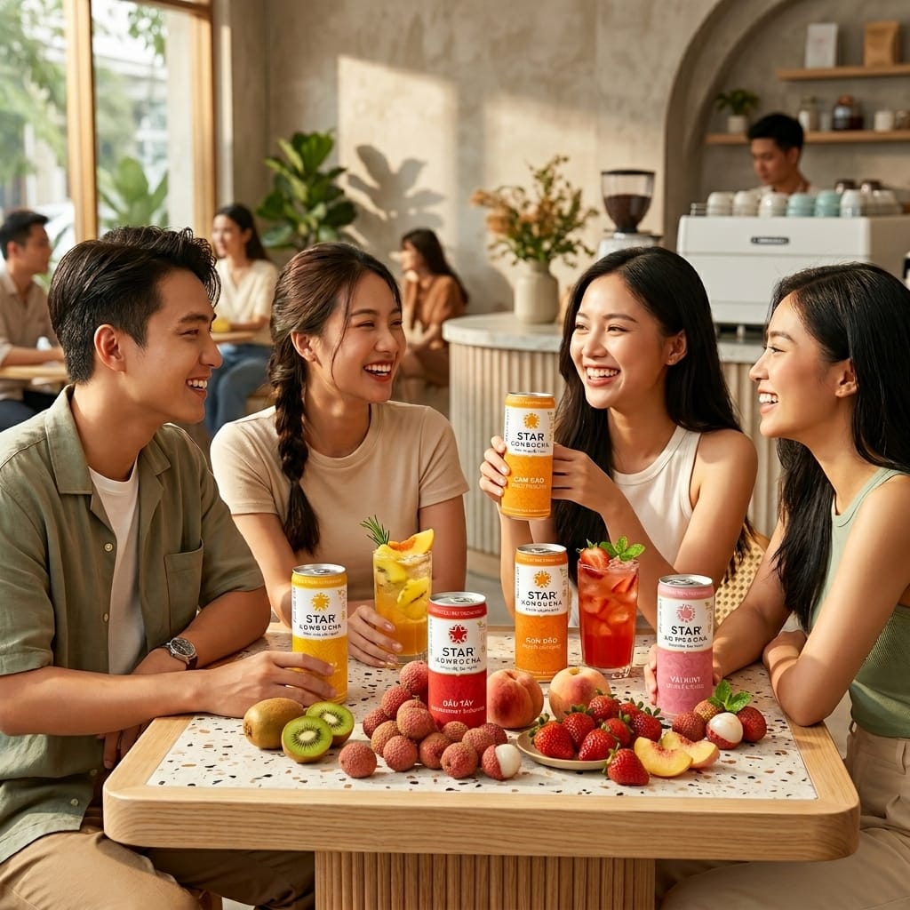 Các lon kombucha vị trái cây trong không gian healthy lifestyle hiện đại