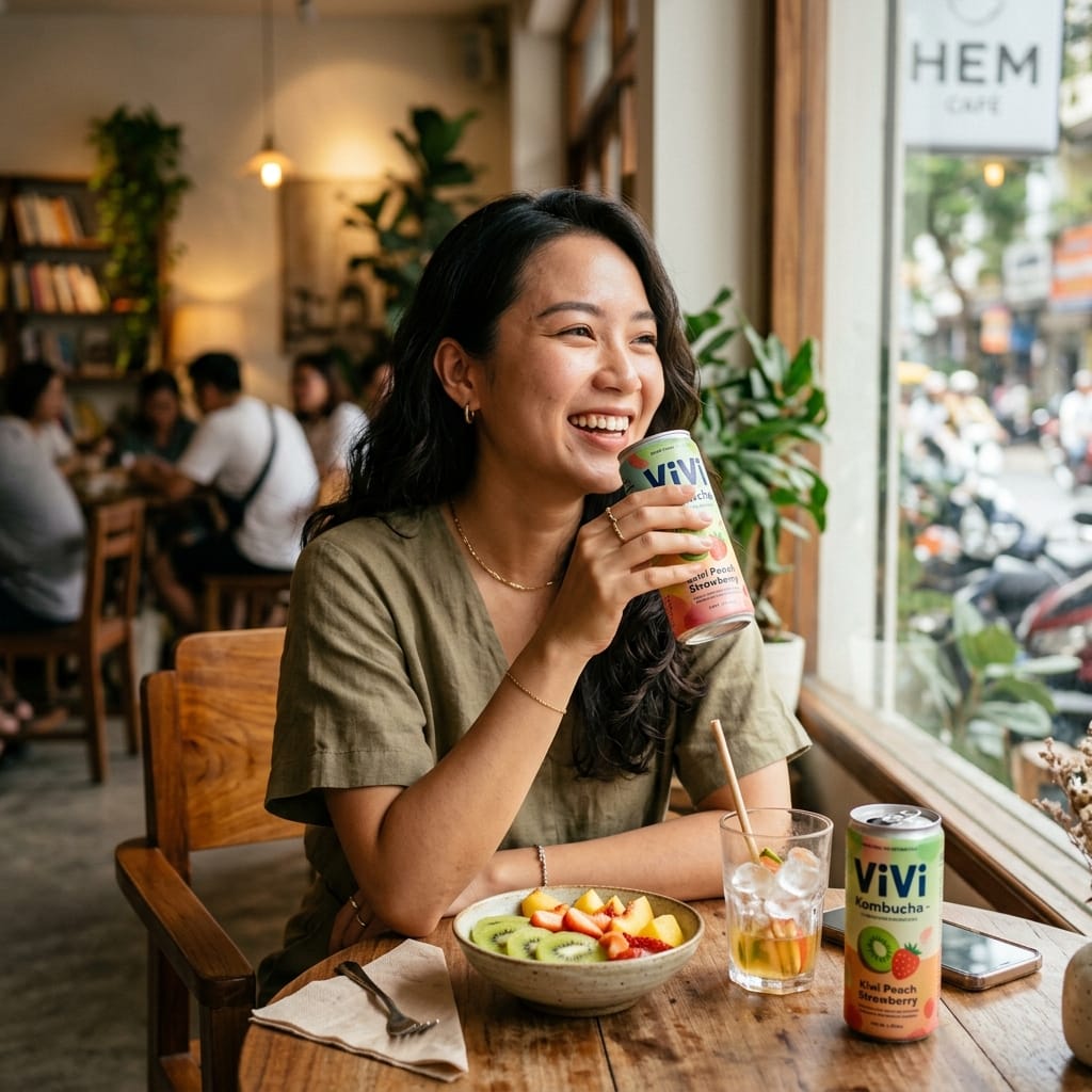 Cô gái trẻ uống kombucha thay trà sữa trong quán cà phê hiện đại