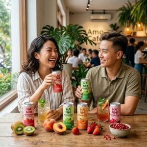 Các lon kombucha vị trái cây trong không gian healthy lifestyle hiện đại