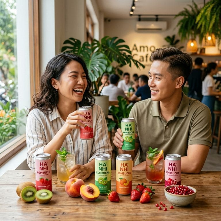 Các lon kombucha vị trái cây trong không gian healthy lifestyle hiện đại