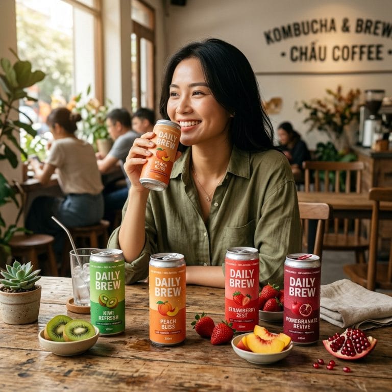 Lon kombucha chứa probiotics trong không gian healthy lifestyle hiện đại