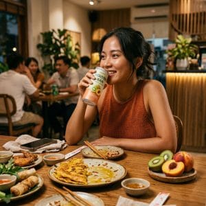 Người trẻ uống kombucha lạnh sau bữa ăn nhiều dầu mỡ để nhẹ bụng hơn