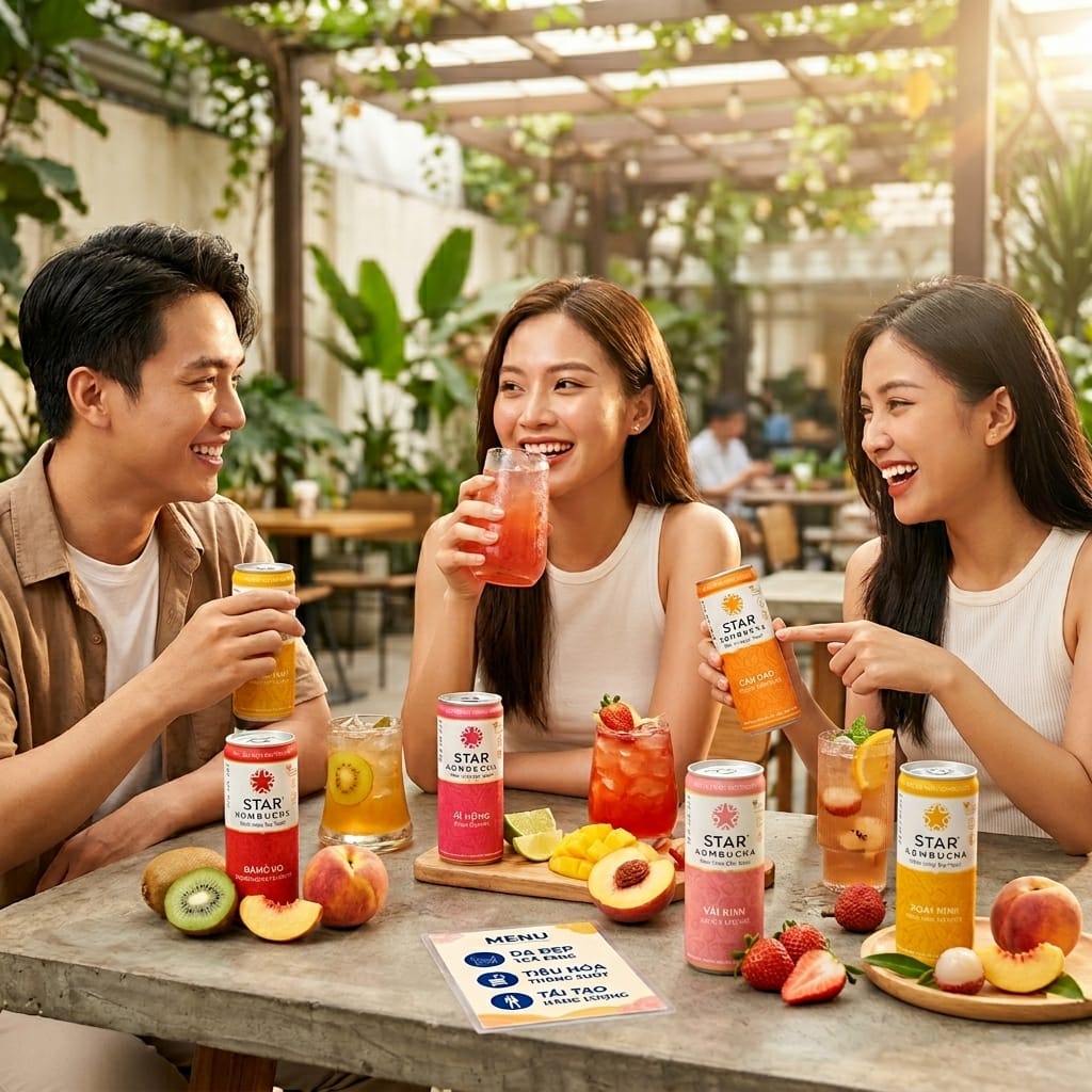 Các lon Star Kombucha vị trái cây trong không gian cafe hiện đại