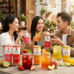 Các lon Star Kombucha trong không gian healthy lifestyle hiện đại