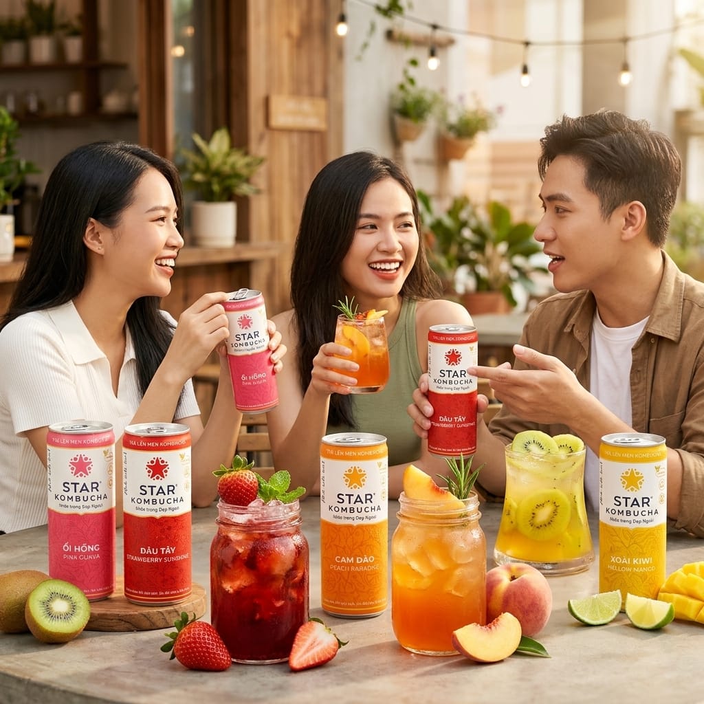 Các lon Star Kombucha trong không gian healthy lifestyle hiện đại