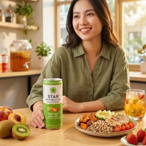 Người trẻ uống kombucha lạnh trong healthy lifestyle hiện đại