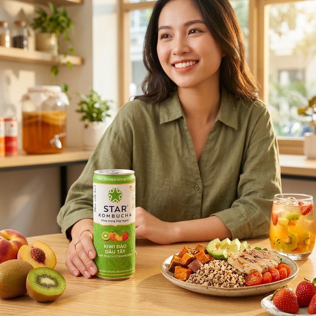 Người trẻ uống kombucha lạnh trong healthy lifestyle hiện đại