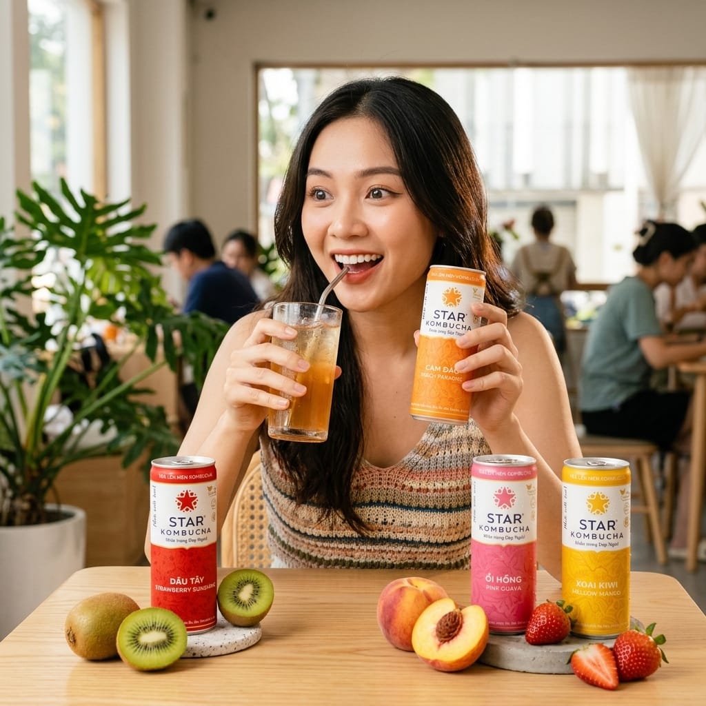 Người trẻ thử kombucha vị trái cây lần đầu trong quán cafe hiện đại