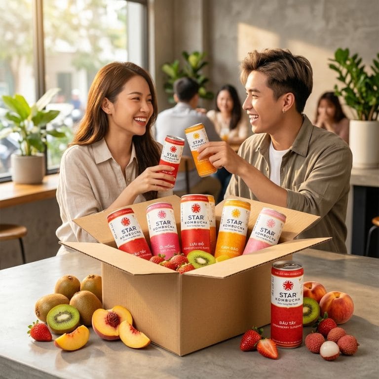 Khách hàng chọn mua Star Kombucha chính hãng trong cửa hàng hiện đại