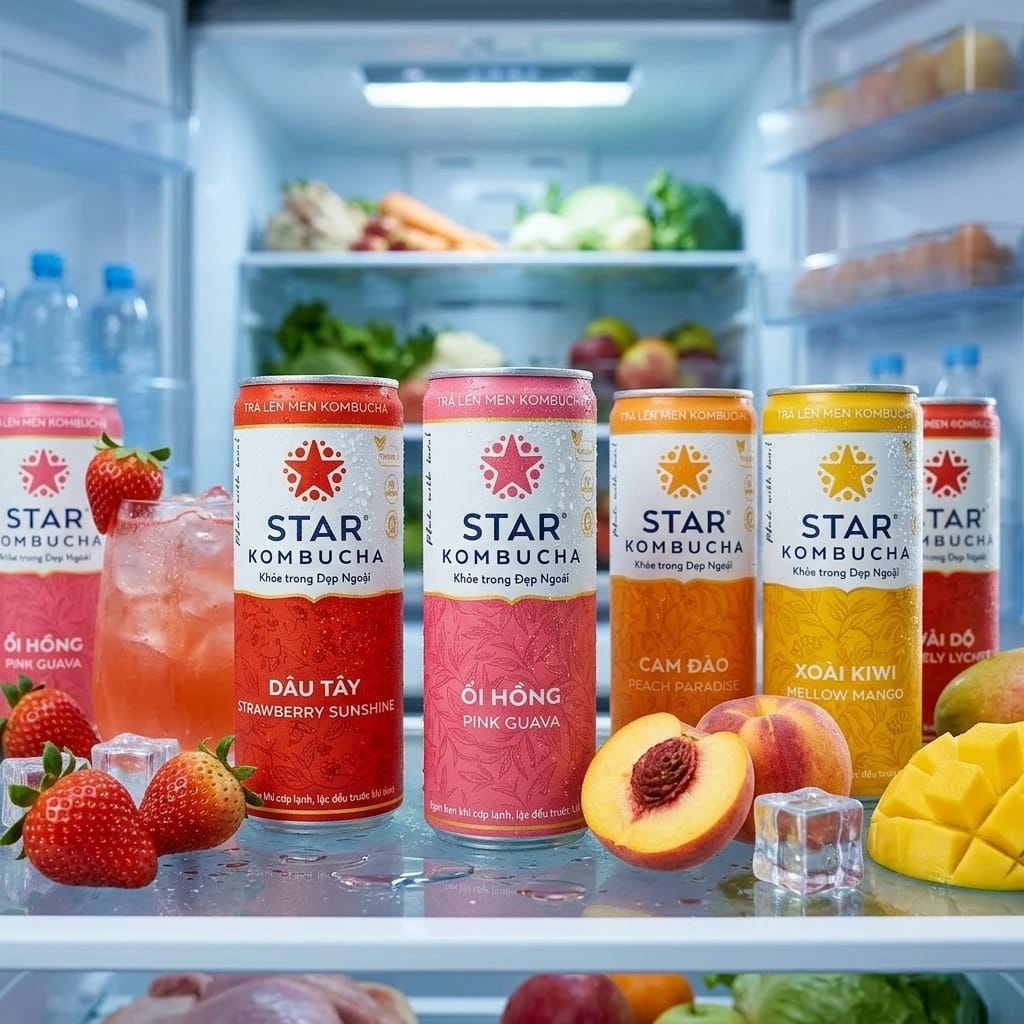 Các lon Star Kombucha được bảo quản lạnh trong tủ mát hiện đại