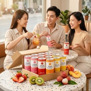 Thùng 12 lon Star Kombucha nhiều vị trái cây trong không gian hiện đại