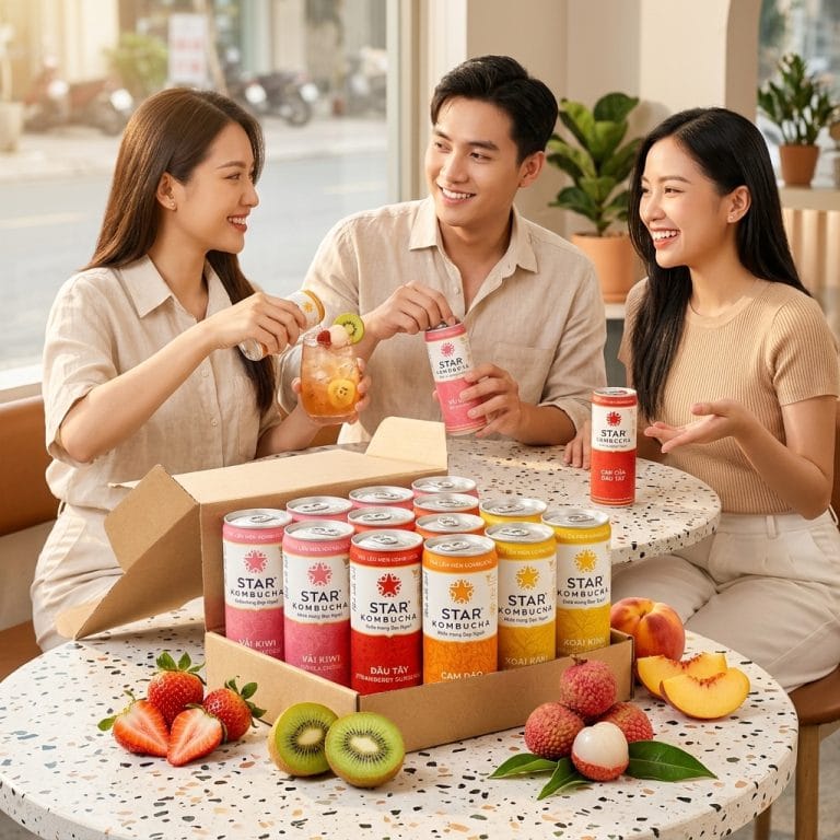 Thùng 12 lon Star Kombucha nhiều vị trái cây trong không gian hiện đại