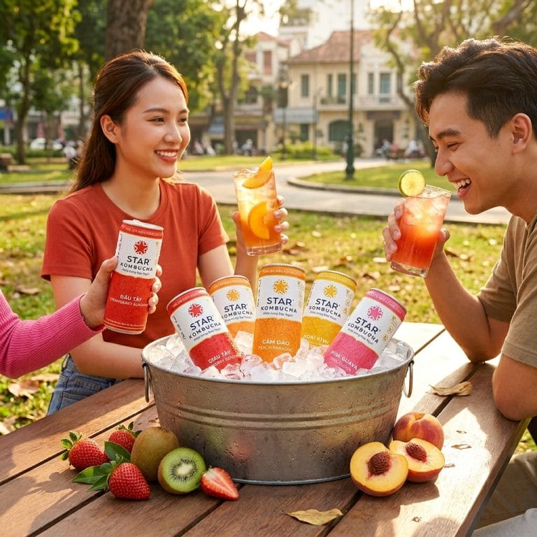 Các lon Star Kombucha lạnh với hơi nước trong không gian hiện đại