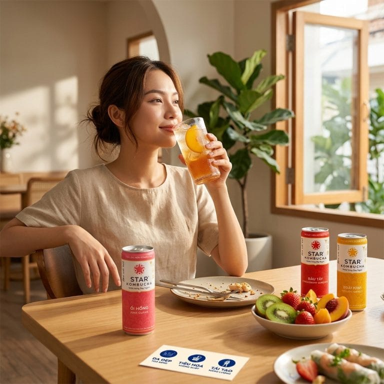 Người trẻ uống kombucha lạnh sau ăn trong healthy lifestyle hiện đại