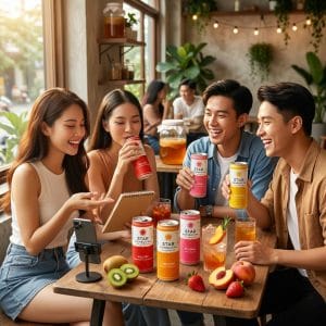 Nhóm bạn trẻ uống và review Star Kombucha trong quán cafe hiện đại