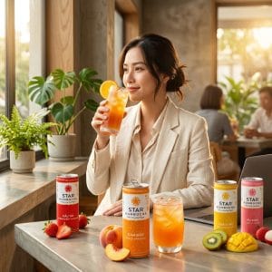 Người trẻ uống kombucha lạnh vào buổi chiều trong không gian hiện đại