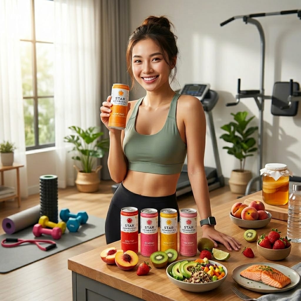 Người trẻ uống kombucha trong healthy lifestyle hiện đại và năng động