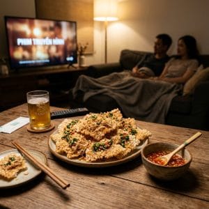 Cơm cháy giòn rụm topping đậm vị ăn khi xem phim ban đêm