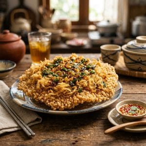 Cơm cháy đáy nồi giòn rụm topping đậm vị nhìn chân thực