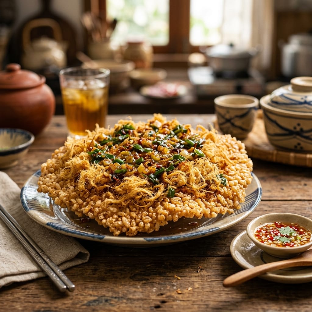Cơm cháy đáy nồi giòn rụm topping đậm vị nhìn chân thực