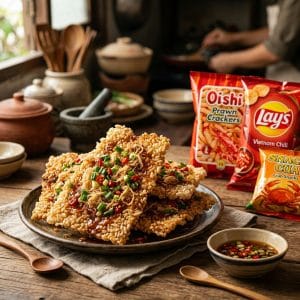 Cơm cháy thủ công giòn rụm topping đậm vị khác snack siêu thị