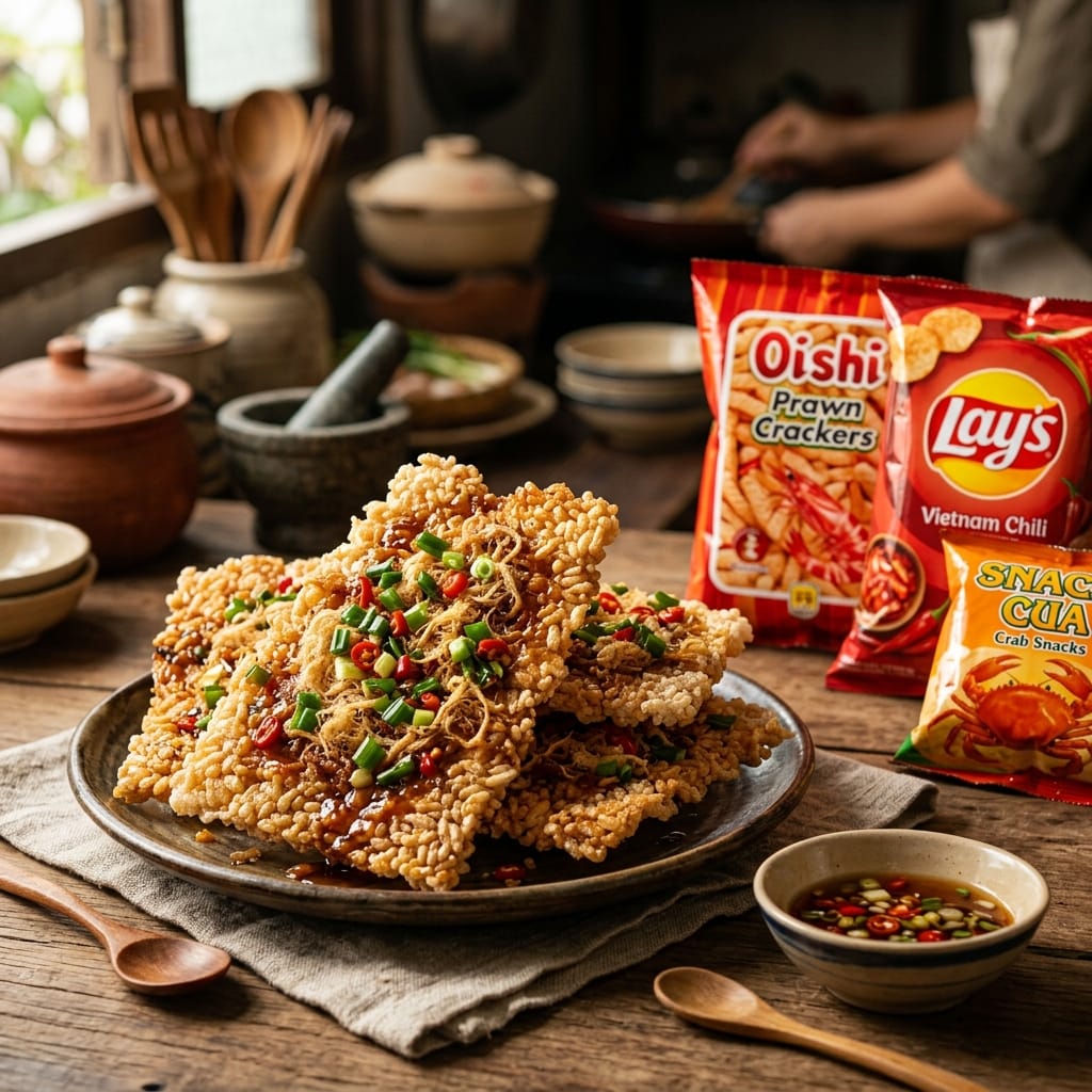 Cơm cháy thủ công giòn rụm topping đậm vị khác snack siêu thị